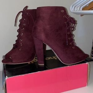 Purple Suede Heeled Booties with Shoelace-Open Toe